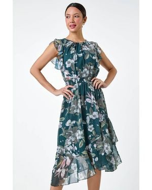 Roman Floral Frill Shirred Asymmetric Midi Dress - Blue
