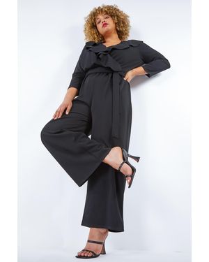Roman Curve Frill Detail Wrap Jumpsuit - Black