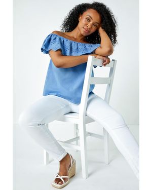 Roman Petite Embroidered Cotton Bardot Top - Blue