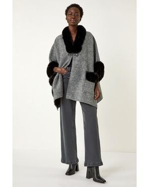 Roman Faux Fur Pocket Knit Cape - Black