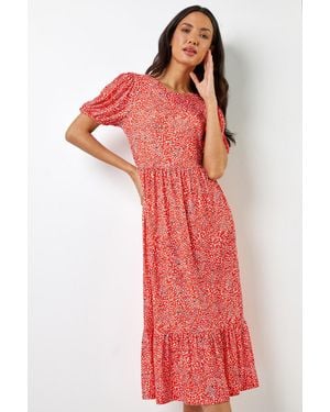 Roman Ditsy Leopard Print Frill Hem Midi Dress - Red