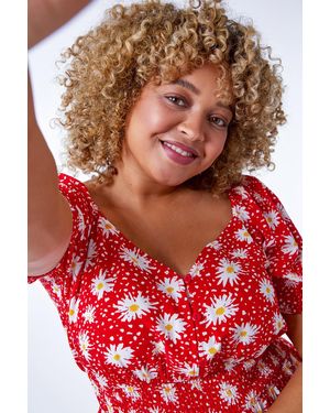 Roman Curve Floral Print Midi Dress - Red