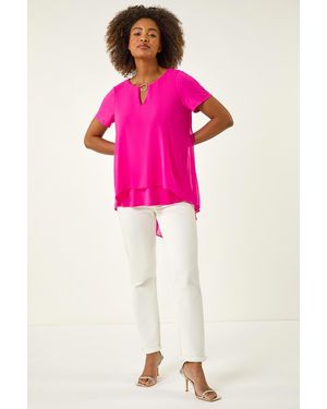 Roman Ring Front Chiffon Overlay Top - Pink
