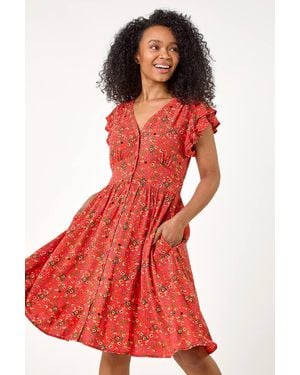 Roman Petite Ditsy Floral Frill Pocket Dress - Red