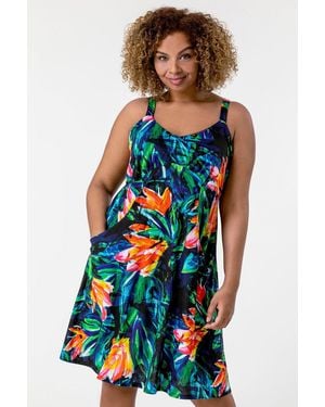 Roman Curve Tropical Print Strappy Dress - Orange