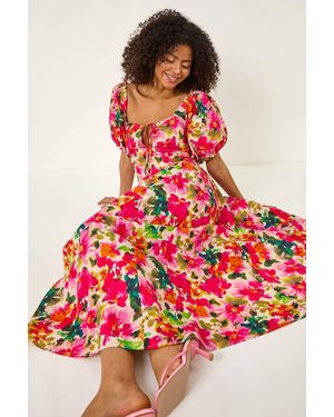 D.u.s.k Floral Pleated Puff Dress - Red