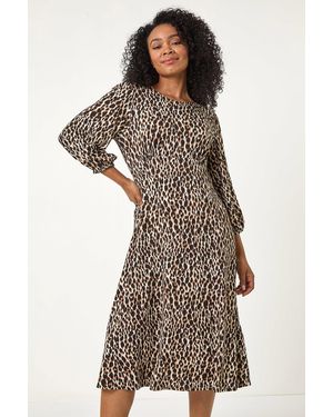 Roman Petite Animal Print Stretch Midi Dress - Brown