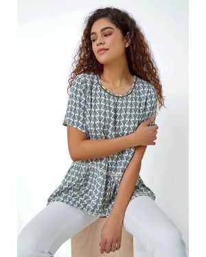 Roman Abstract Print Sequin Peplum Top - Blue