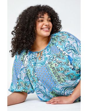 Roman Curve Paisley Print Tie Detail Tunic Top - Blue