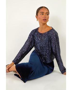 Roman Petite Contrast Sequin Velvet Dress - Blue