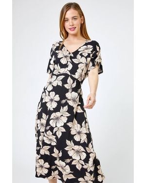 Roman Petite Floral Print Ruched Midi Dress - Black
