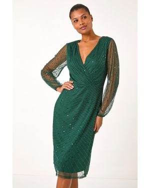 Roman Embellished V-Neck Wrap Dress - Green