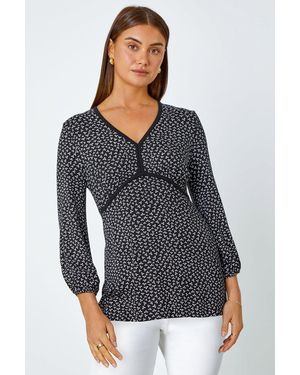 Roman Ditsy Floral Stretch V-Neck Top - Grey