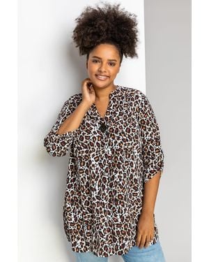 Roman Curve Animal Print Tunic Top - Brown