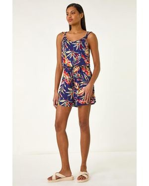 Roman Multi Leaf Print Tie Playsuit - Red