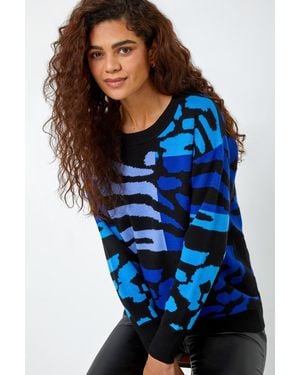 Roman Colour Block Animal Print Jumper - Blue