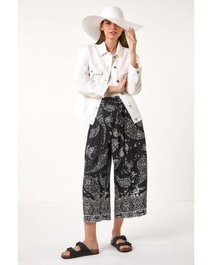 Roman Paisley Print Wide Leg Cropped Trousers - Blue
