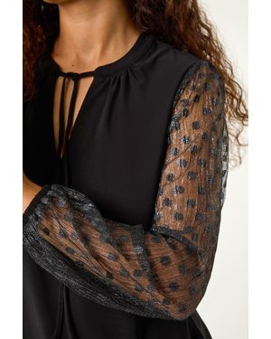 Roman Tie Neck Plisse Sleeve Top - Black