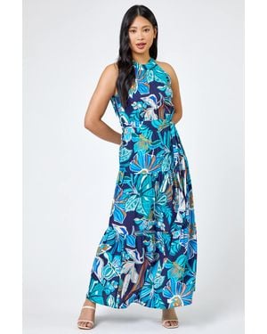 Roman Petite Floral Print Tiered Dress - Blue