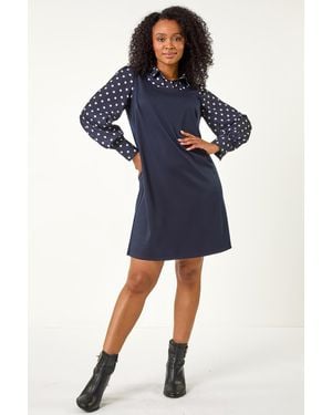 Roman Petite Collared Contrast Stretch Dress - Blue