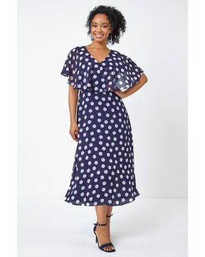 Roman Petite Chiffon Polka Dot Midi Dress - Blue