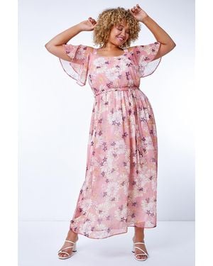 Roman Curve Floral Cold Shoulder Chiffon Maxi Dress - Pink