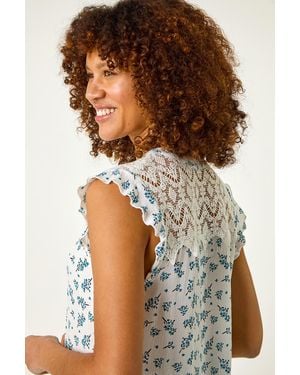 Roman Floral Print Lace Yoke Blouse - Brown