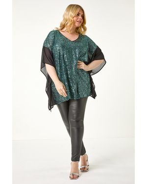 Roman Curve Full Sequin Chiffon Overlay Top - Green