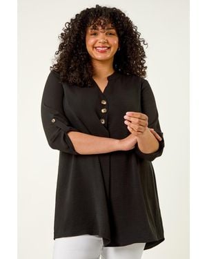 Roman Curve Textured Buttoned Tunic Top - Black