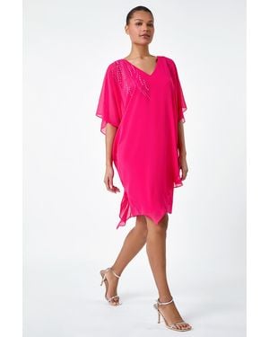 Roman Embellished Cold Shoulder Overlay Dress - Pink