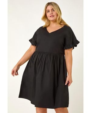 Roman Curve Cotton V-Neck Frill Dress - Black