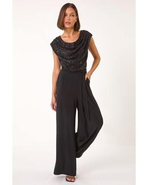 Roman Sequin Bodice Cowl Neck Jumpsuit - Black