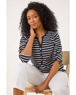 Roman Petite Stripe V-Neck Button Top - White