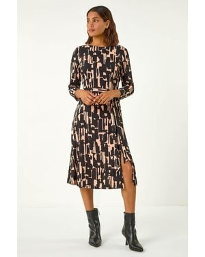 Roman Stretch Abstract Belted Dress - Black