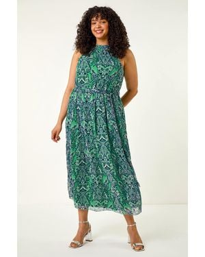 Roman Curve Abstract Print Halter Maxi Dress - Green