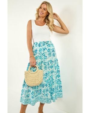 Roman Petite Floral Print Tie Midi Skirt - Blue