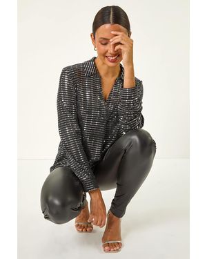 Roman Foil Print V-Neck Long Sleeve Shirt - Metallic