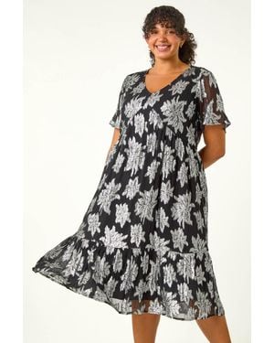 Roman Curve V-Neck Print Tiered Midi Dress - Metallic