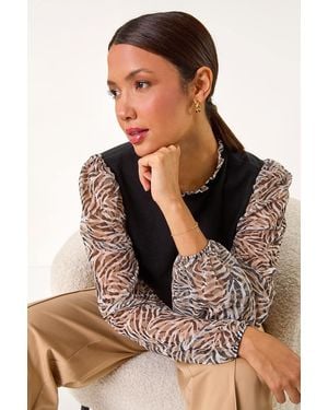 Roman Contrast Animal Print Mesh Stretch Top - Brown