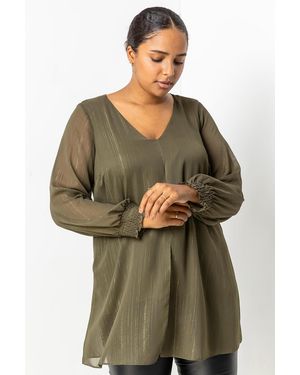 Roman Curve Chiffon Shimmer Split Front Tunic Top - Multicolour