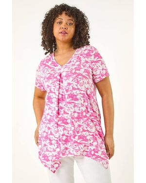 Roman Curve Hanky Hem Floral Tunic Top - Pink