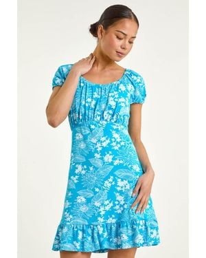 Roman Petite Floral Frill Ruched Dress - Blue
