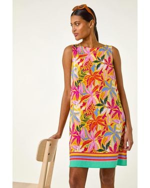 Roman Tropical Leaf Print Shift Dress - Red