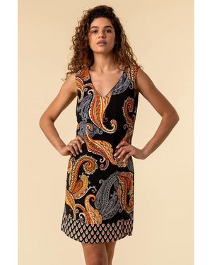 Roman Paisley Border Print Shift Dress - Black