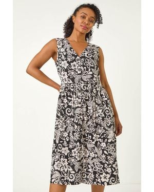 Roman Petite Print Button Through Pocket Dress - Black