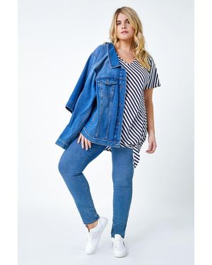Roman Curve Stripe Side Tie Stretch Top - Blue