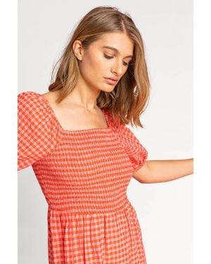 Roman Check Print Puff Sleeve Midi Dress - Red