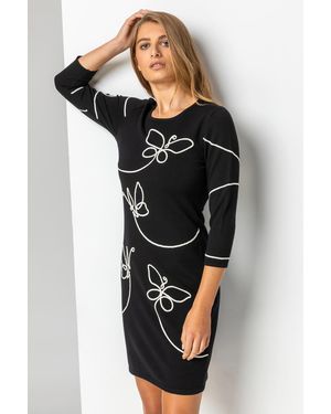Roman Butterfly Embellished Knitted Shift Dress - Black