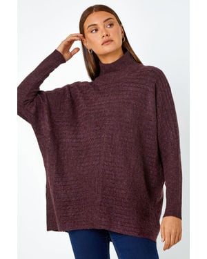 Roman Cable Knit Roll Neck Stretch Longline Jumper - Purple