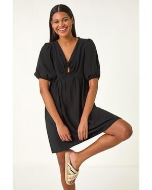 Roman Ring Detail V-Neck Gathered Dress - Black